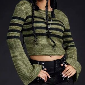 Olive Green Striped Cropped Knit Sweater Bell Sleeves HOT TOPIC